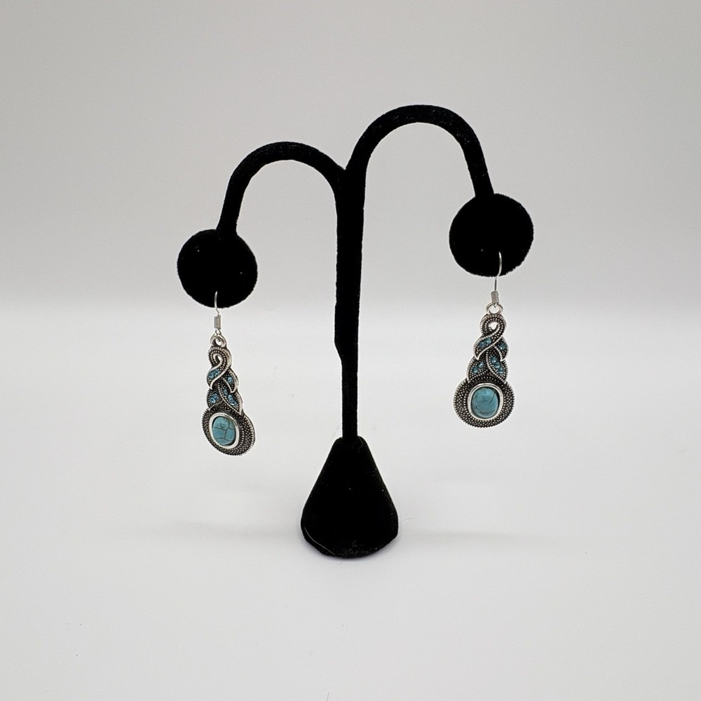 Boho Silver Tone Turquoise Dangle Earrings Vintage Style Southwestern Jewelry